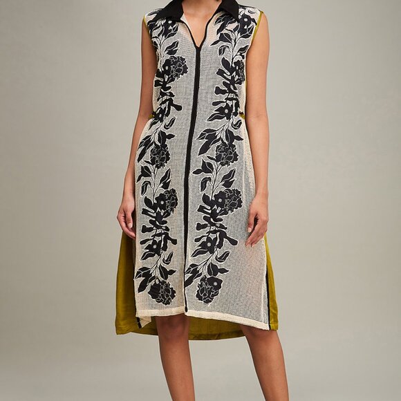 Off-White & Green Handloom Net Applique Embroidered Dress - Picture 1 of 5